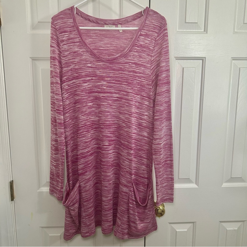 LOGO by Lori Goldstein Scoop Neck Pink Long Sleeve Tunic Top w/ Pockets Sz Large